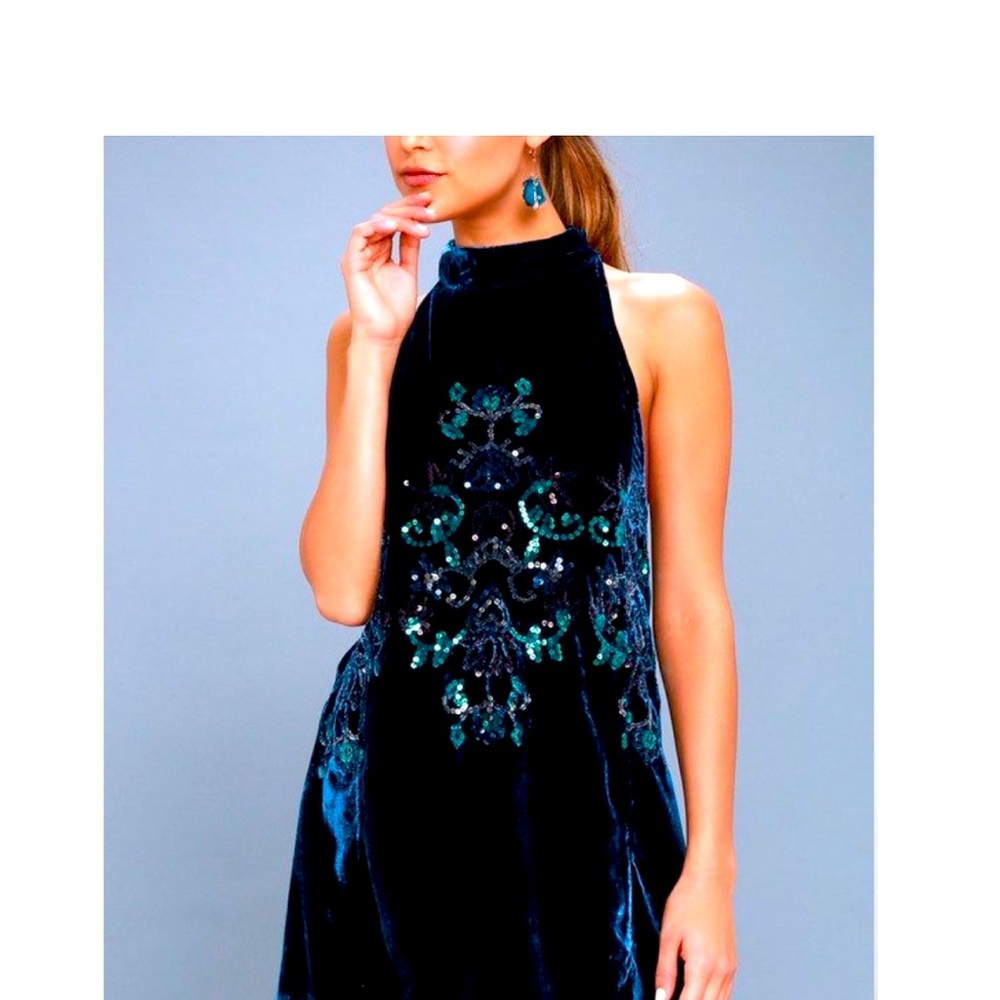 Free People Velvet Sequin Swing Sleeveless Blue Dress Excellent Used Condition!
